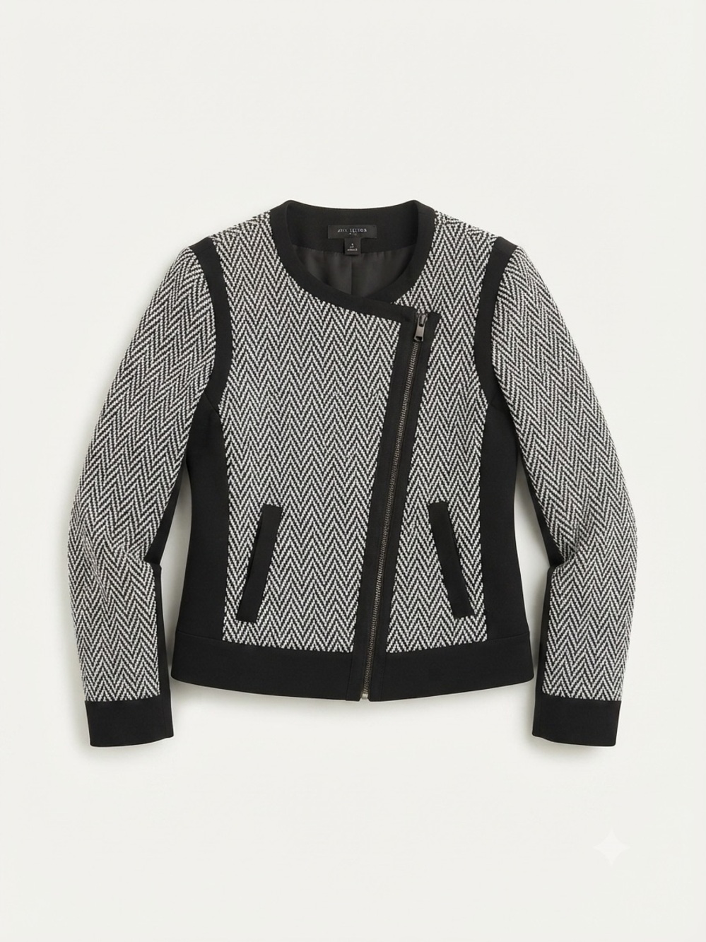 Ann Taylor Jacket Womens Size 6 Black White Herringbone Moto Blazer Coat Career - Picture 1 of 10